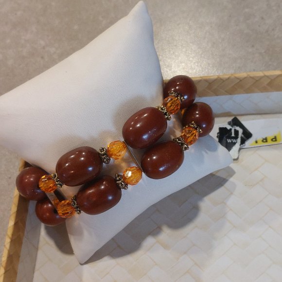 VINTAGE Women's Brown Wood/Plastic Beads w/Brass Separators & Larait Closure - Picture 2 of 13